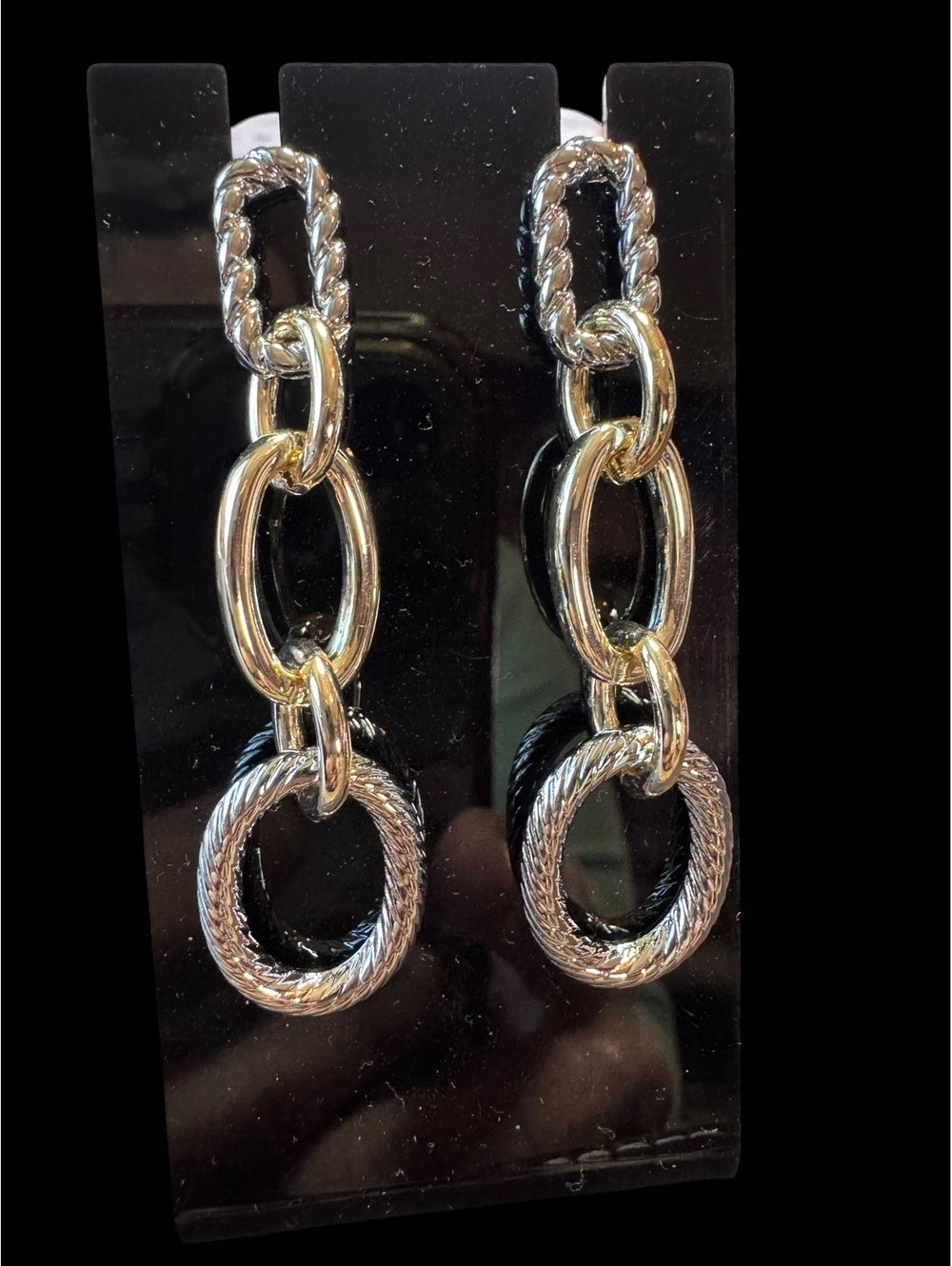 Two-Tone Linked Circle Drop Earrings Rhodium Plated